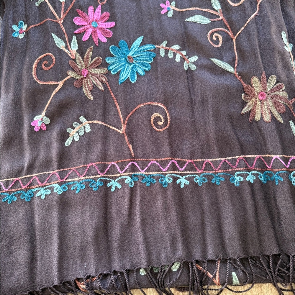 Floral Embroidered Scarf - Brown with Multicolor Accents